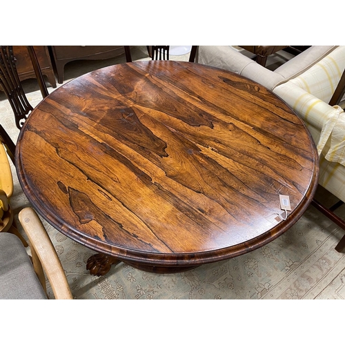 1105 - An early Victorian circular rosewood tilt top breakfast table, diameter 130cm, height 70cm