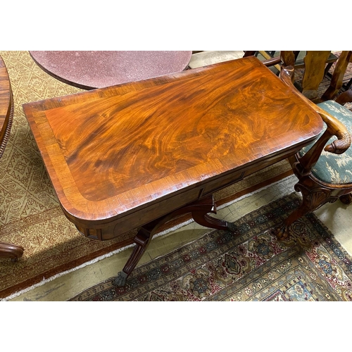 1108 - A Regency banded mahogany folding card table, width 90cm, depth 45cm, height 73cm