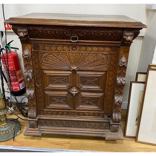 1158 - A late 19th century Flemish carved oak side cabinet, width 89cm, depth 50cm, height 104cm