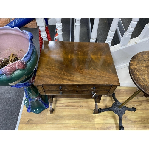 1173 - A Regency style mahogany lyre end work table, width 54cm, depth 41cm, height 74cm