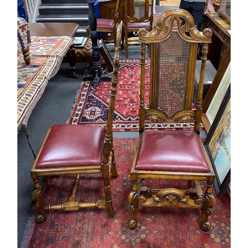 1197 - A set of ten early 20th century Jacobean Revival caned beech and walnut high back dining chairs, two... 