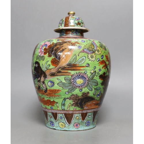 1251 - A clobbered Delft vase with a clobbered Chinese porcelain cover, 24cm high