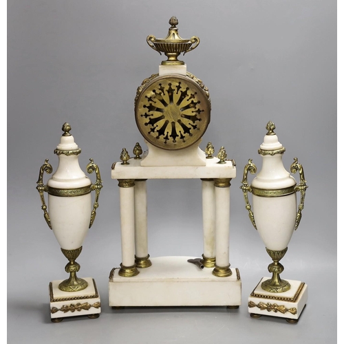 1277 - A Louis XVI style white marble and ormolu clock garniture, clock 47cms high