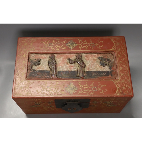 1279 - A Chinese lacquered wood Budai carving, 34cm wide, and a Chinese lacquered wood box (2)