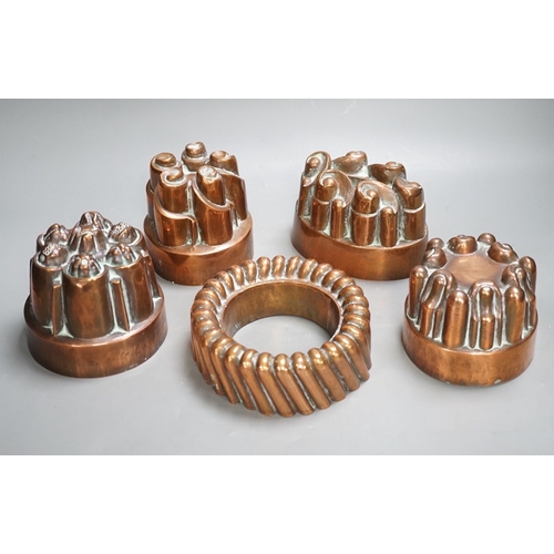 1288 - Five Victorian Benham & Froud copper jelly moulds, tallest 12cms