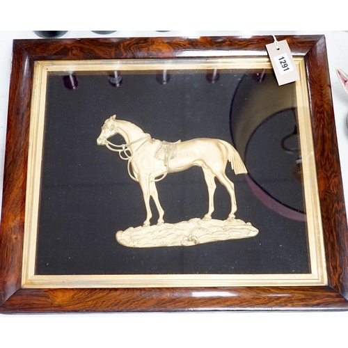 1291 - A Victorian cast gilt metal horse, rosewood framed, 43 x 50cm total