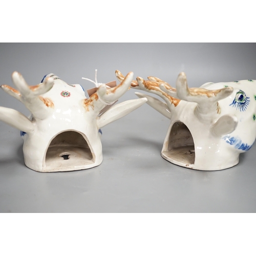 1292 - Two Continental pottery stag head wall pockets, 22cms high