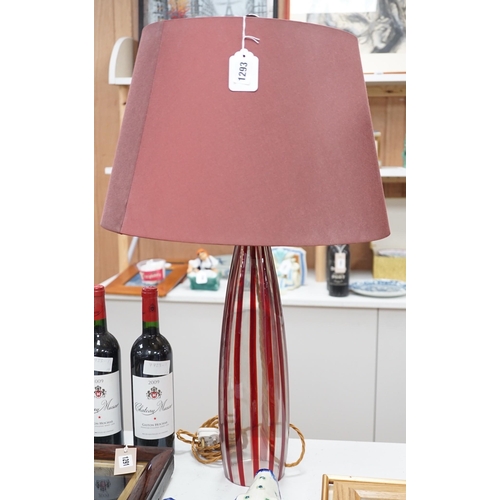 1293 - A pair of Murano style red stripe glass table lamps, 76cms high including shades