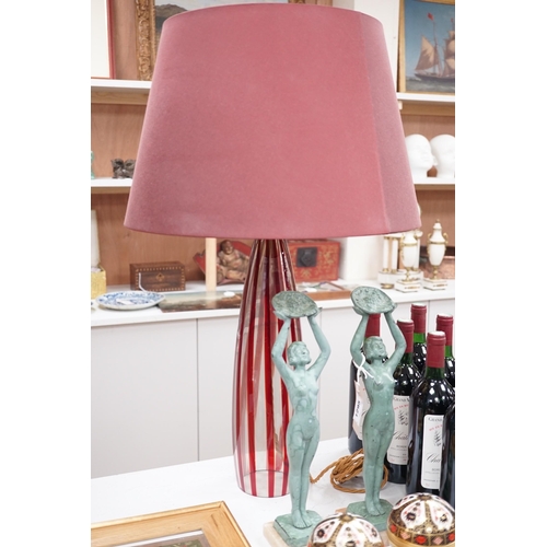 1293 - A pair of Murano style red stripe glass table lamps, 76cms high including shades