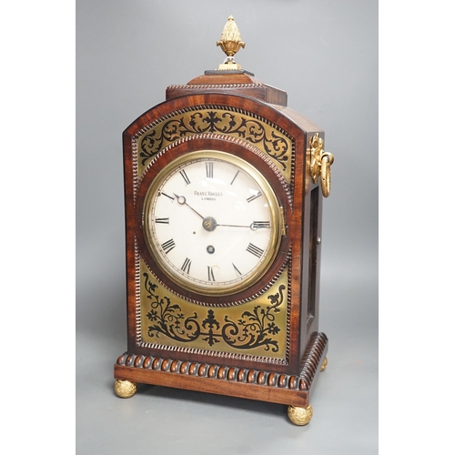 1302 - A Regency cut brass inlaid mahogany bracket timepiece by Frank Rogers, 46cm tall