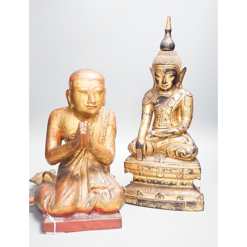 1307 - Two Thai gilt wood figures of Buddha, tallest 41cms high