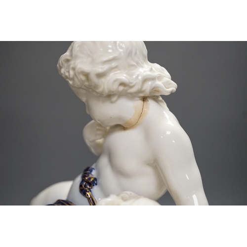 1308 - A Copeland porcelain putti seated on a shell centrepiece, modelled O. Hale, c.1877, 35cms high... 