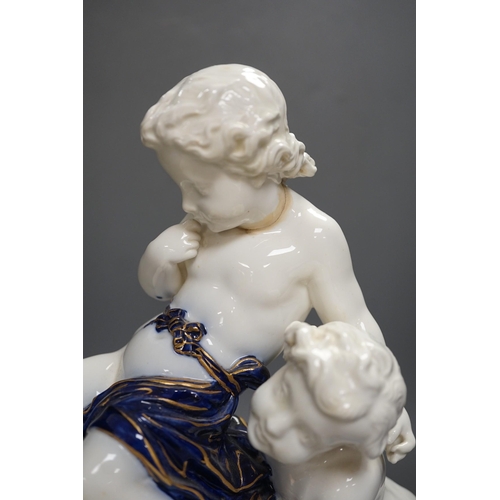 1308 - A Copeland porcelain putti seated on a shell centrepiece, modelled O. Hale, c.1877, 35cms high... 