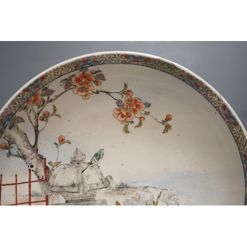 1309 - A Japanese Satsuma pottery dish, Meiji period, three character inscription, 23cms diameter