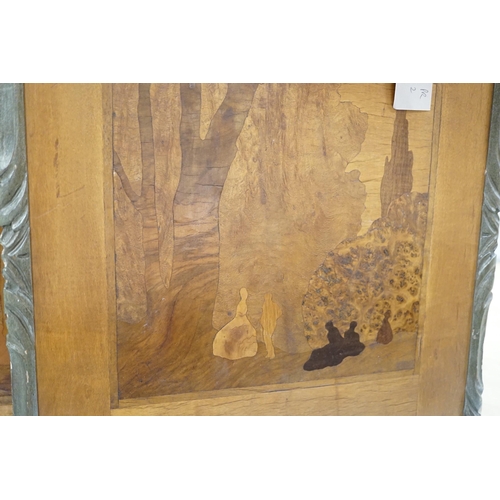 1313 - A pair of Rowley Gallery marquetry panels, one bears Liberty retailer's label verso, 37cms wide x 39... 