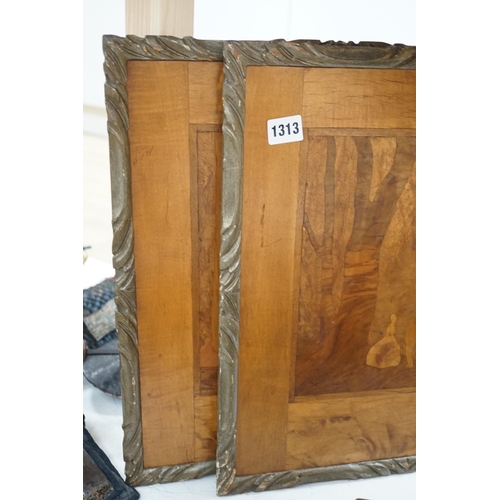 1313 - A pair of Rowley Gallery marquetry panels, one bears Liberty retailer's label verso, 37cms wide x 39... 