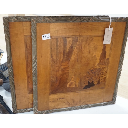 1313 - A pair of Rowley Gallery marquetry panels, one bears Liberty retailer's label verso, 37cms wide x 39... 