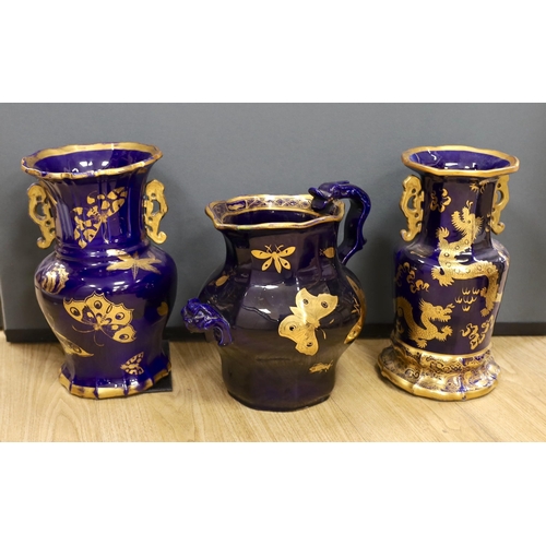 1316 - A large early 19th century Masons ironstone cobalt blue and gilt decorated jug and two similar large... 