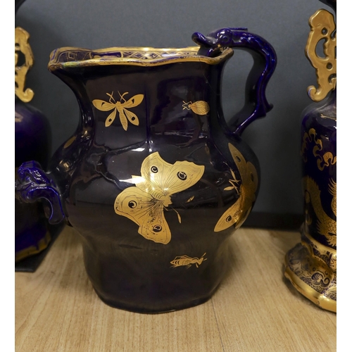 1316 - A large early 19th century Masons ironstone cobalt blue and gilt decorated jug and two similar large... 