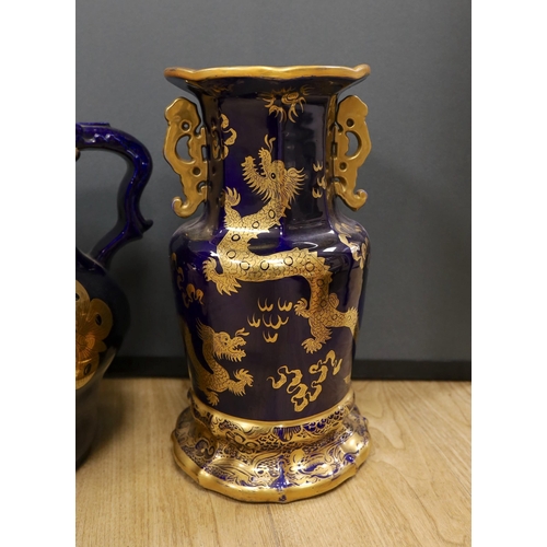 1316 - A large early 19th century Masons ironstone cobalt blue and gilt decorated jug and two similar large... 