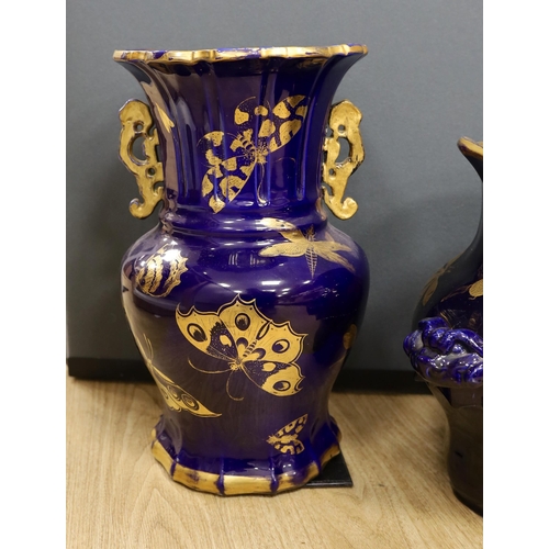 1316 - A large early 19th century Masons ironstone cobalt blue and gilt decorated jug and two similar large... 