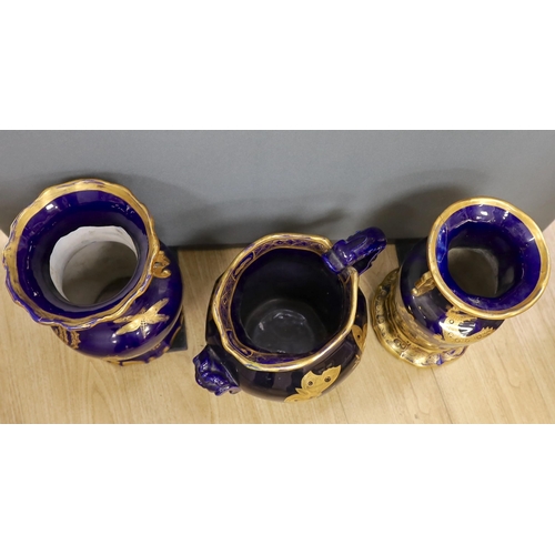 1316 - A large early 19th century Masons ironstone cobalt blue and gilt decorated jug and two similar large... 