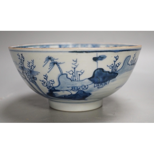 1322 - A Chinese Ming dynasty internally decorated porcelain tea bowl, an 18th century blue and white bowl,... 