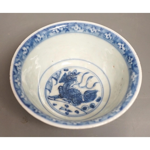 1325 - A Chinese late Ming blue and white lion-dog bowl, the base with Made in the Great Ming dynasty mar... 