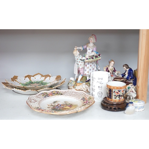 1326 - Two Meissen leaf dishes, a Dresden plate, two group figures and mixed ceramics, tallest 25cms high... 