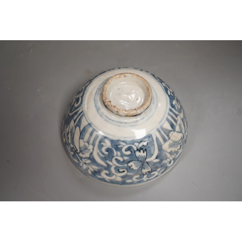 1327 - A Chinese late Ming blue and white egret and Lotus bowl, Zhangzhou kilns, 14.7cm Provenance- colle... 