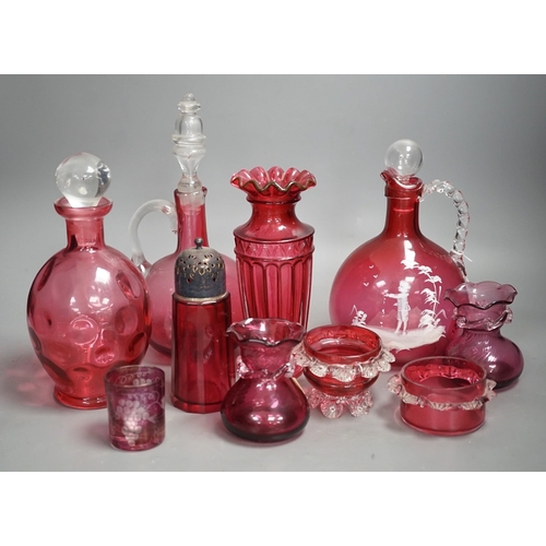 1328 - A Mary Gregory style cranberry decanter together with mixed cranberry glass (10), Mary Gregory decan... 