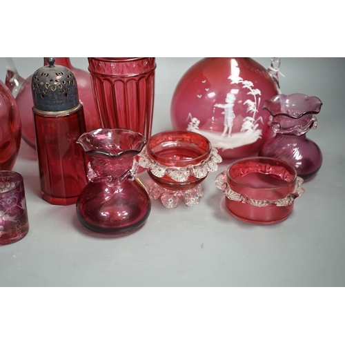 1328 - A Mary Gregory style cranberry decanter together with mixed cranberry glass (10), Mary Gregory decan... 