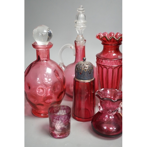 1328 - A Mary Gregory style cranberry decanter together with mixed cranberry glass (10), Mary Gregory decan... 