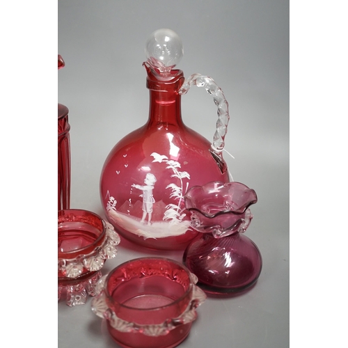 1328 - A Mary Gregory style cranberry decanter together with mixed cranberry glass (10), Mary Gregory decan... 