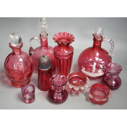 1328 - A Mary Gregory style cranberry decanter together with mixed cranberry glass (10), Mary Gregory decan... 