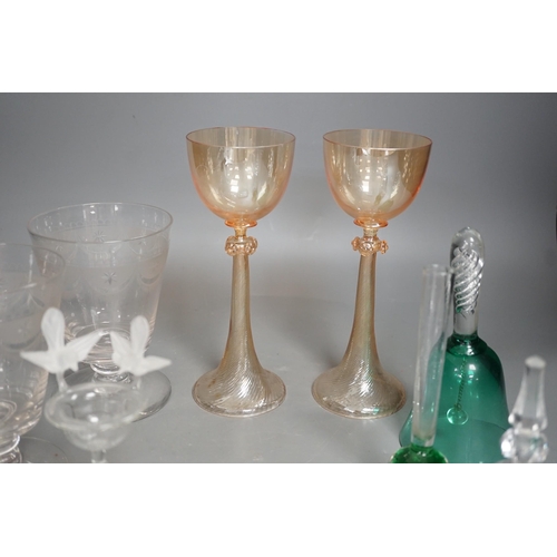 1331 - Two Venetian lustre glass goblets, a pair of rummers and sundry glassware, goblets 20cm high