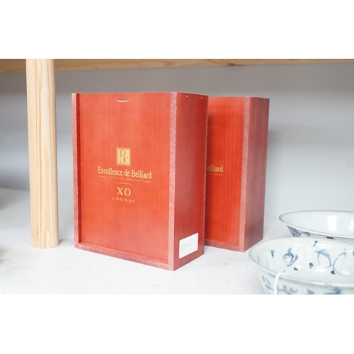 1333 - Two bottles of L'Excellence De Belliard Cognac XO each in wooden case (decanter bottle)