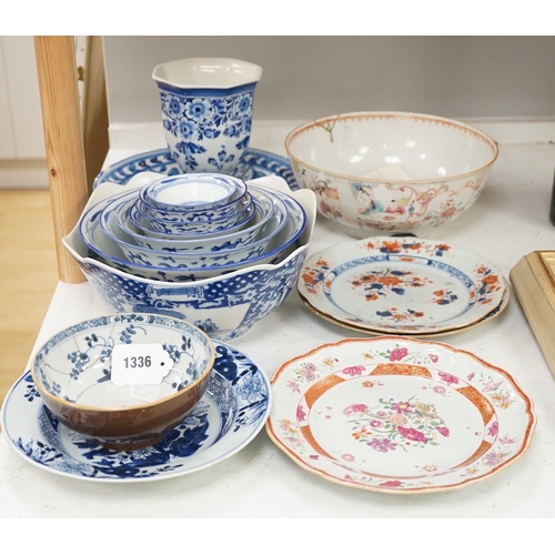 1336 - An assortment of Chinese porcelain tin-glazed earthenware charger and a Delft vase