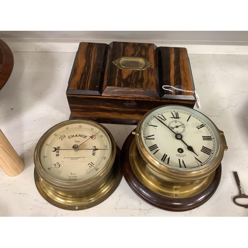 1341 - A Victorian calamander veneered humidor / three divisional caddy together with a small barometer and... 