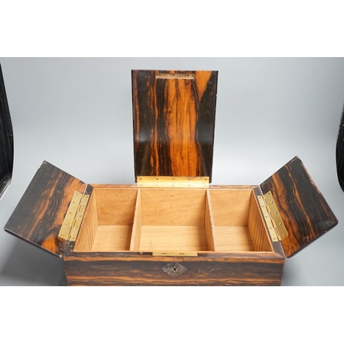 1341 - A Victorian calamander veneered humidor / three divisional caddy together with a small barometer and... 