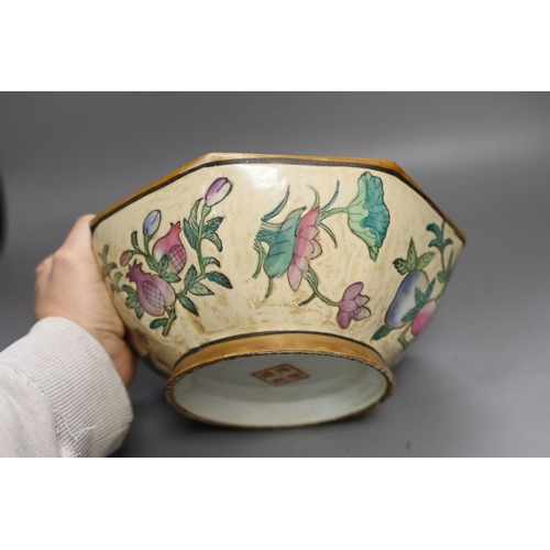 1342 - A Chinese Kangxi style blue and white qilin dish and a famille rose octagonal dish, largest 33cm d... 