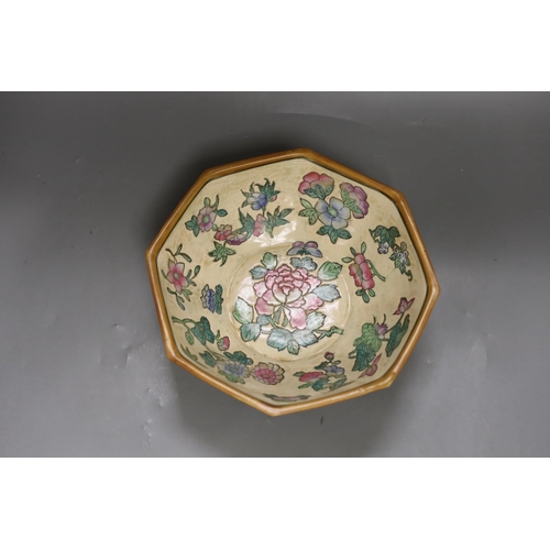 1342 - A Chinese Kangxi style blue and white qilin dish and a famille rose octagonal dish, largest 33cm d... 