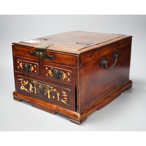 1344 - A late 19th century Chinese hardwood and bone inlaid jewellery box. 18.5cm tall