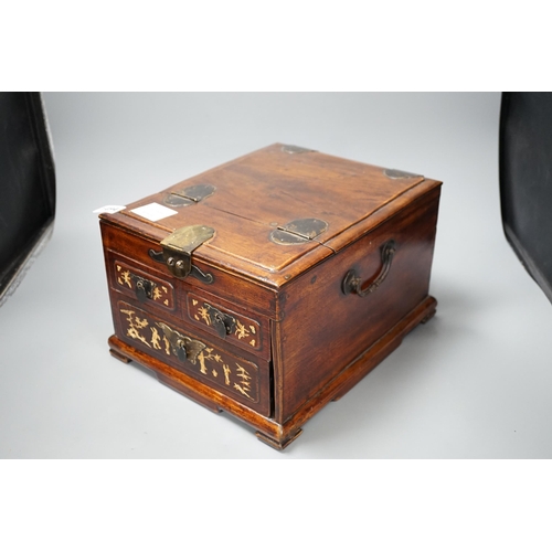 1344 - A late 19th century Chinese hardwood and bone inlaid jewellery box. 18.5cm tall