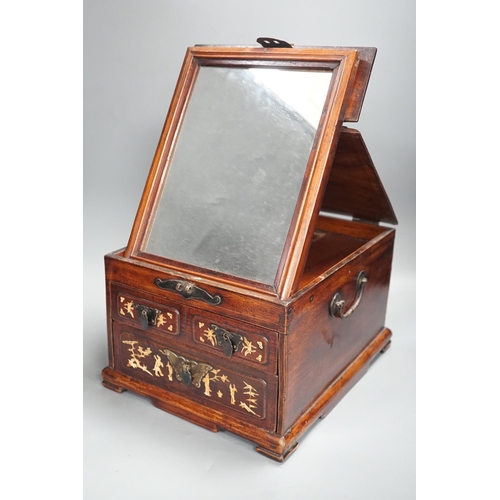 1344 - A late 19th century Chinese hardwood and bone inlaid jewellery box. 18.5cm tall