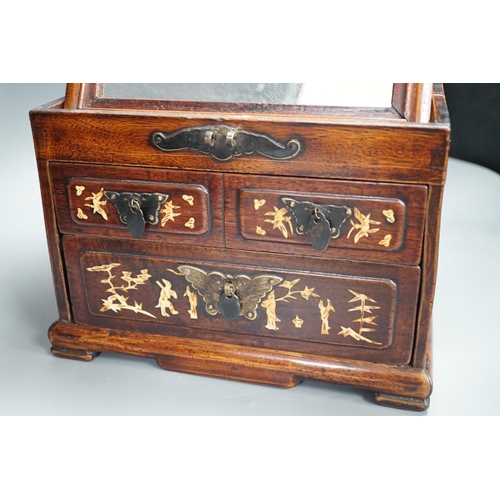 1344 - A late 19th century Chinese hardwood and bone inlaid jewellery box. 18.5cm tall