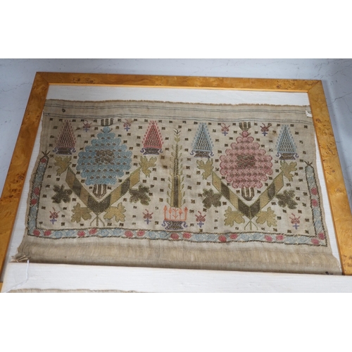 1345 - Two 19th century embroidered Turkish towel ends, one framed, 46cms wide x 30cms high