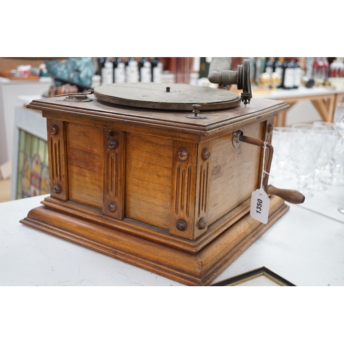 1350 - An early 20th century table top Gramophone, with large metal horn, 80cms high