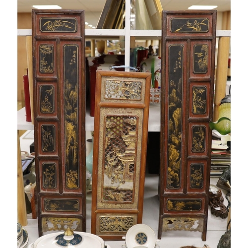 1351 - A pair of late 19th century Chinese gilt-decorated lacquer panels and a similar smaller rectangular ... 