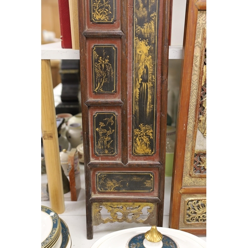 1351 - A pair of late 19th century Chinese gilt-decorated lacquer panels and a similar smaller rectangular ... 